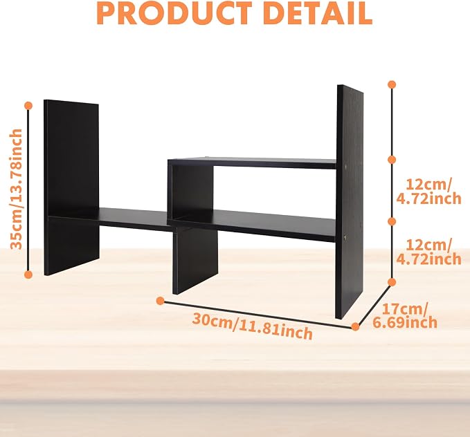 PowerKing Wood Desktop Organizer, Adjustable Display Shelf Rack for Home Office Desktop Storage Supplies Organization (Black Walnut)