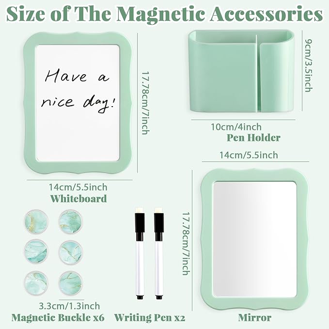 QOUBAI 11 Pcs School Lockers Magnetic Decor Green Locker Accessories Kit with Magnetic Mirror Whiteboard Pen Holder Buckles Lockers Organizer Decorations Locker Essentials for Back to School Supplies
