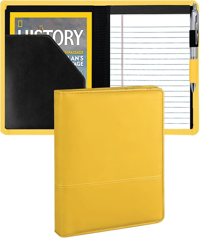 A5 Padfolio Business Portfolio Folder,Junior Size Document Folder Organizer, Padfolio with Interior Pocket and Pen Loop, 5 x 8 Writing Pad Included. Yellow