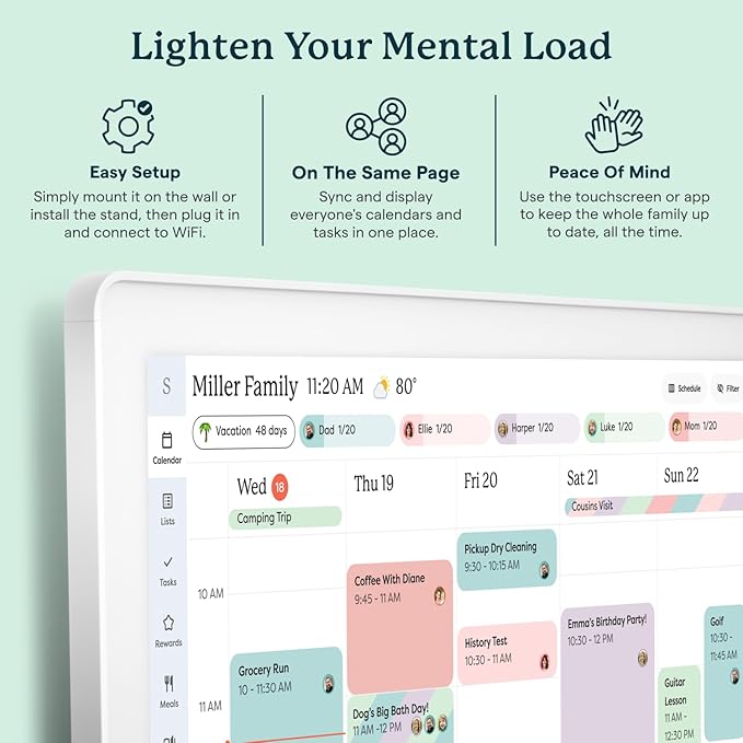 Skylight Calendar Max: 27-Inch Smart Digital Calendar & Chore Chart, Family Organizer with Interactive Touchscreen Display – Wall Mountable in Portrait or Landscape, Classic White Frame
