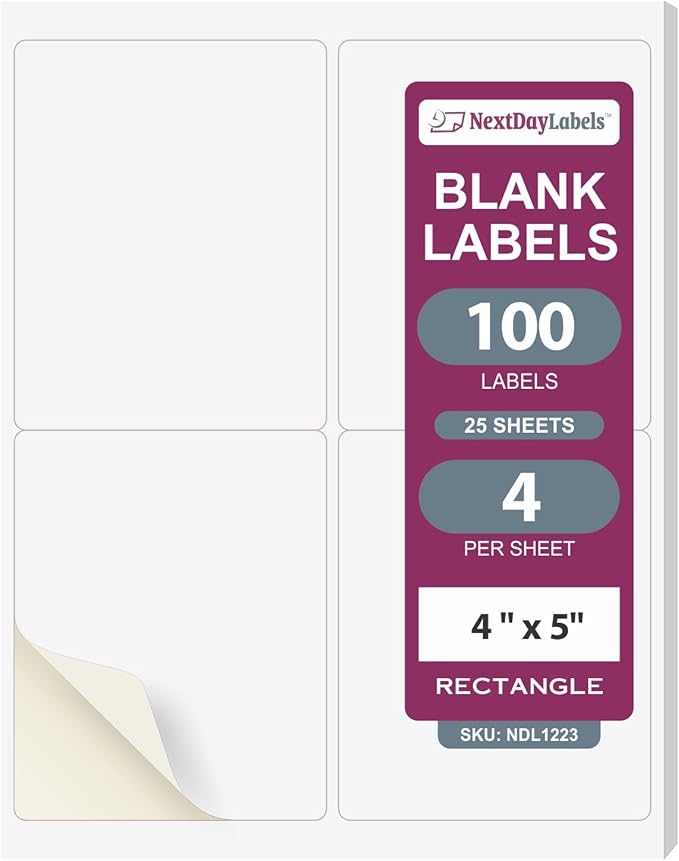 NextDayLabels 4x5 Inch Rectangle Stickers White Blank Labels for Laser Inkjet Printer - 4 Per Sheet Self-Adhesive Shipping Product Packaging Made in USA - 100 Labels