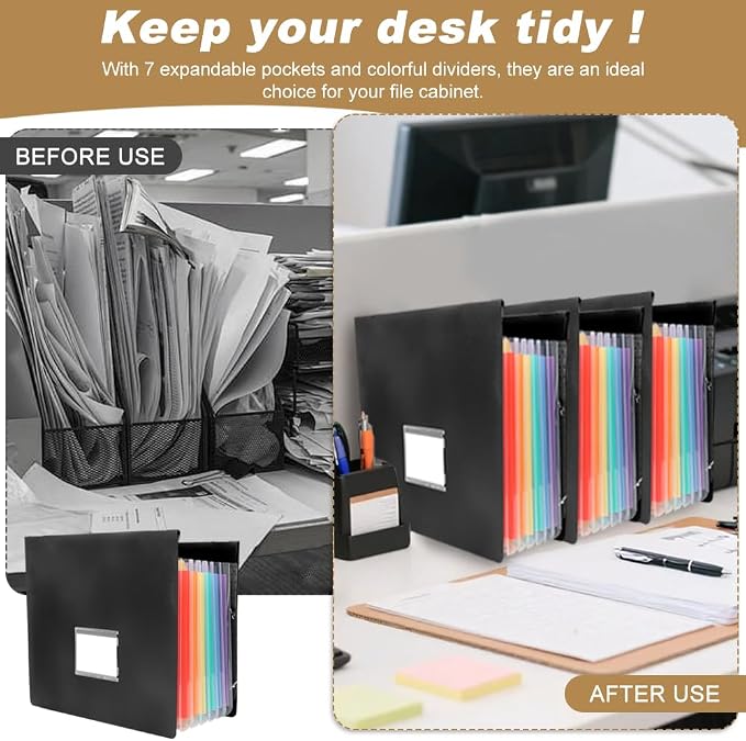 3 Packs Plastic Expanding Hanging File Folders with 3 Sheets Sticky Notes & 100 Paper Clips 7 Innovative Accordion Pockets, Large Capacity, Multi-Color Tabs for Filing Cabinet