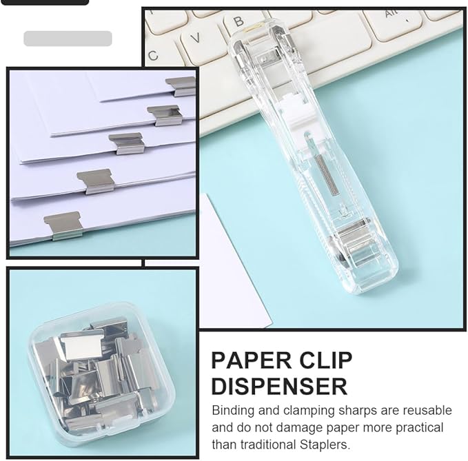 Yardwe Portable White Reusable File Stapler Set with Supplement Clips, Small No-Staple Binding Machine for Document Organization and Paper Fastening, Office Desktop Stapler for Students