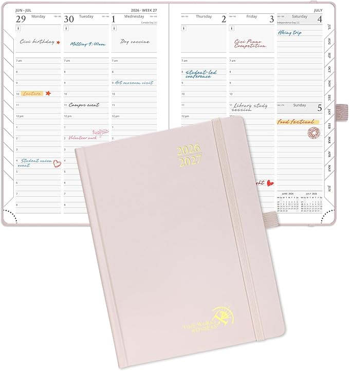 POPRUN 2026-2027 Academic Planner, 6.5" x 8.75", Weekly and Monthly Calendar, July 2026 to June 2027, Hardcover Appointment Book with Verital Layout, Hourly Time Slots, Monthly Tabs - Light Pink