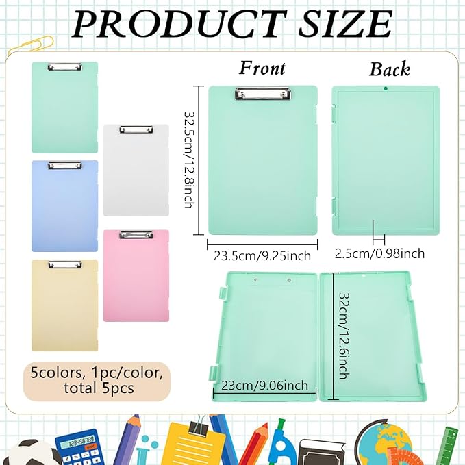 FINGERINSPIRE 5PCS A4 Paper Organizer Box 9.25x12.8x0.98inch Plastic Clipboards Storage Box 5 Colors Rectangle File Storage Writing Pad Document Organizer for Home Office Travel Supplies