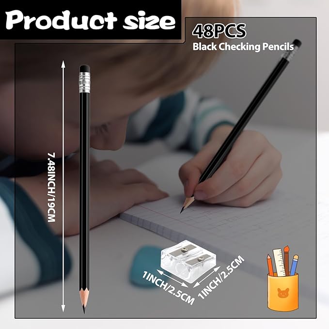 48 PCS Black Pencils Bulk with Eraser, Pre-Sharpened HB Pencils for Writing & Drawing, School Supplies for Kids Homework, Tests, Art Crafts & Teacher Grading (Black)