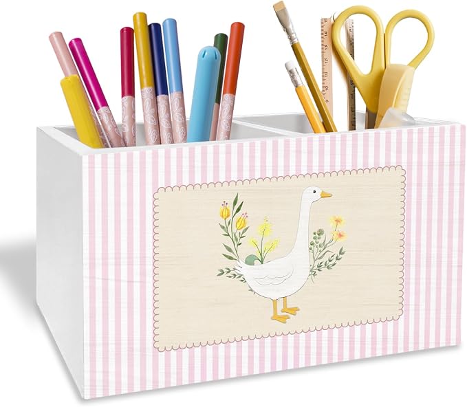 Pink Floral Goose Pen Pencil Holder for Desk, Goose Nursery Decor, Pink and White Striped Flower Geese Wooden Box Sign Desk Decor for Kids Girls Room Nursery Playroom Decoration
