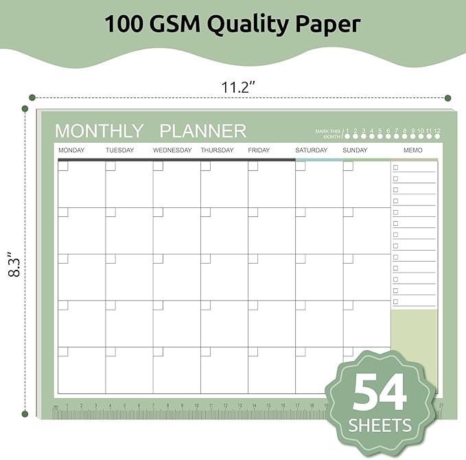 Phyxin Undated Planner, 54 Sheets Blank Calendar, 11.2" x 8.3" Monthly Calendar Planner, Tear Off Undated Monthly Planner with Memo for Women, Students, Teachers, Morandi Green