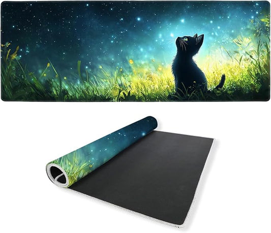 Black Cat Gaming Mouse Pad 35.4 x 15.7 Inches Starry Sky Grass Fantasy Night Light Desk Mat Mouse Mat XXL Laptop Keyboard Pad, Laptop Keyboard Mousepad Aesthetic Accessories for Women