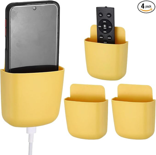 PATIKIL 4Pcs Remote Control Holder Wall Mount, Self-Adhesive TV Air Conditioner Control Holder Phone Charging Organizer for Home Office Bedroom Supply Pen Organizer, Yellow