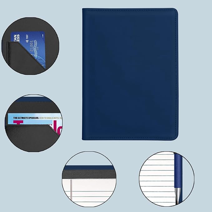 Junior Padfolio Folder - A5 Portfolio Binder Case with 5 x 8 Writing Pad and Interior Storage Pocket Executive Business Organizer for Men Women, Navy Blue
