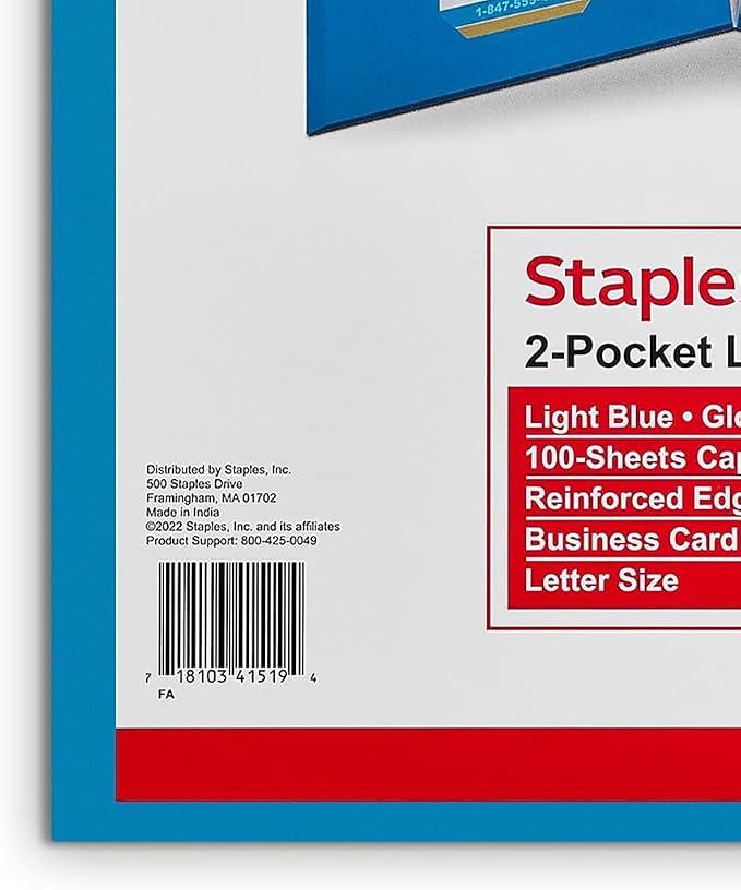 Staples 2‑Pocket Laminated Paper Folders, Letter Size File Folders for School & Office Organization, Light Blue, 10‑Pack