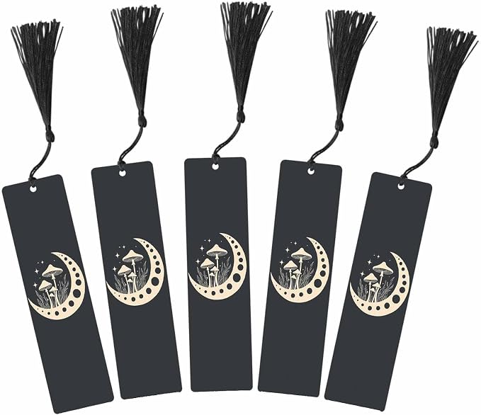 Mushrooms Bookmarks 5 Pcs Cosmic Moon Mystical Black Wooden Bookmark with Tassels for Reading Book Lovers Gift Office School Readers Teacher