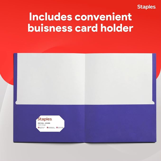 Staples 2‑Pocket Paper Folders, Indigo, Durable Letter‑Size Cardstock, Ideal for School & Office Organization, 25/Pack