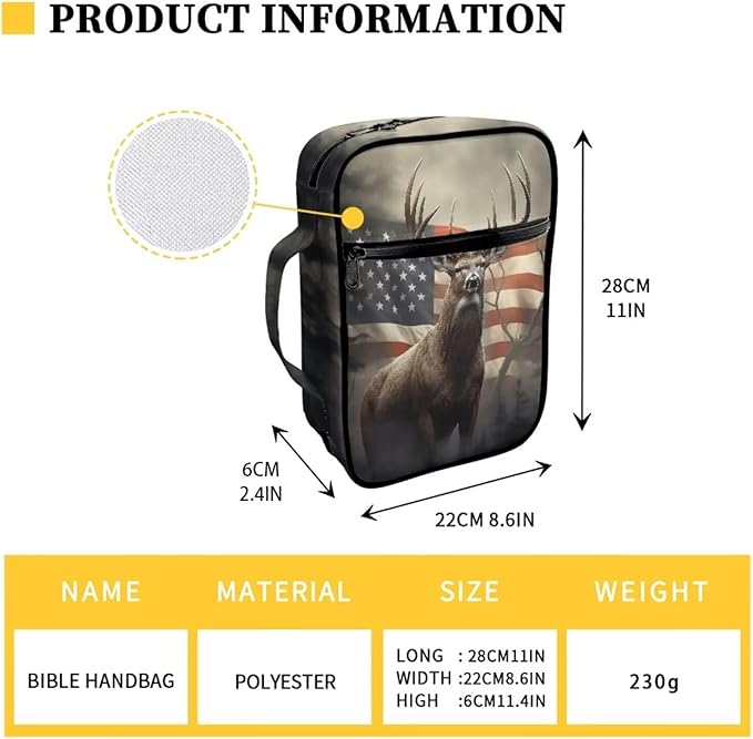 Suobstales American Flag Deer Print Bible Cover Portable Carrying Book Case Multi-Functional Bible Case Bible Organizer Case with Handle and Zippered Back Pocket