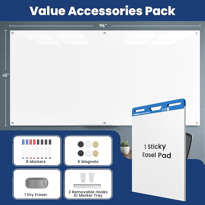 0.4mm Reinforced Metal Backing Glass White Board for Wall, 96" x 48" Extra Large Magnetic Pure White Tempered Glass Board with Frameless Design, 8' x 4' Dry Erase Board for Home, Office