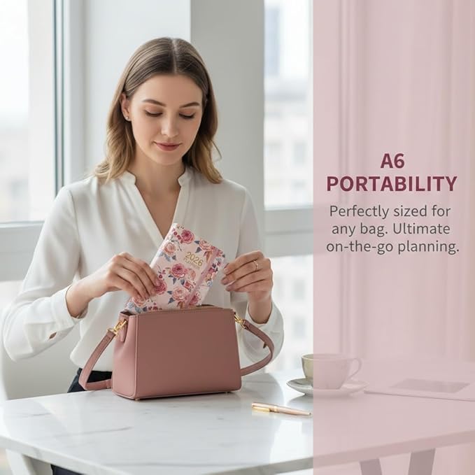 A6 2026 Daily Weekly Monthly Annual Planner with Pink Flower, Small Pocket Planner Notebook Agenda Book For Women