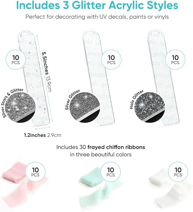 YOPPIX 30 Pieces Acrylic Glitter Bookmark - 3mm ThickClear Acrylic Bookmarks Kit with 30 Pcs Ribbon for Reading Lovers DIY Crafts Hanging Tag Gift Tag Price Tags, Graduation Back to School Presents