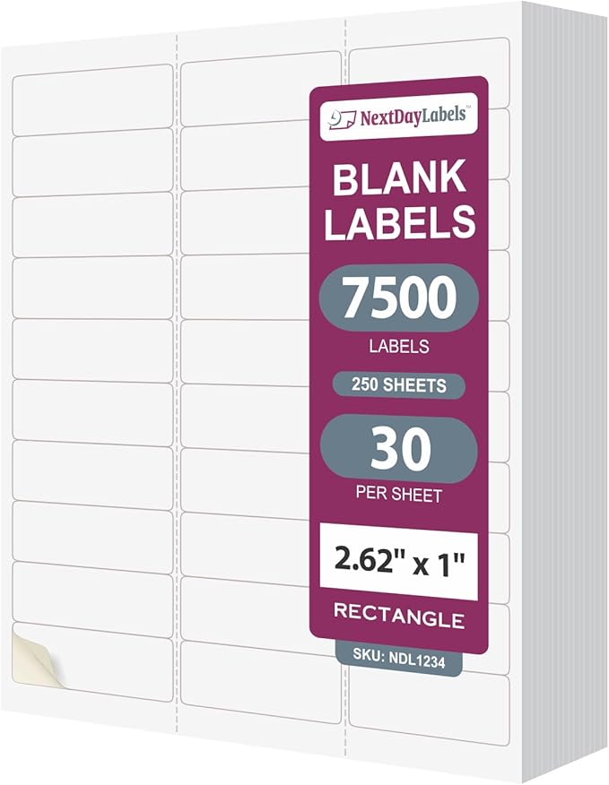 NextDayLabels 2.63x1 Inch Rectangle Stickers White Blank Labels for Laser Inkjet Printer - 30 Per Sheet Self-Adhesive Address Mailing Name Tags Made in USA - 7,500 Labels