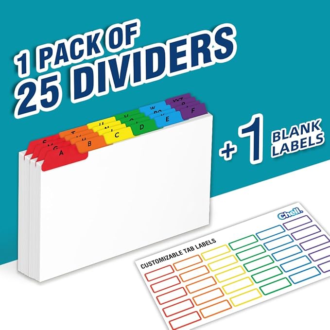 Chell 5x8 Index Card Dividers, Heavyweight A-Z Tabbed Guides, 110 lb. Cover Weight, with Blank Stickers, 1 Set