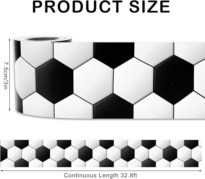 Whaline 32.8 Ft Soccer Bulletin Board Borders 3D Black White Soccer Die-Cut Board Trim for Sport Party Back to School Classroom Office Chalkboard Decoration