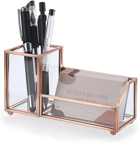 Hipiwe Glass Business Card Holder Stand Metal Pen Pencil Storage Holder for Desk Clear Business Card Display Organizer Case for Office Home Desktop,Rose Gold