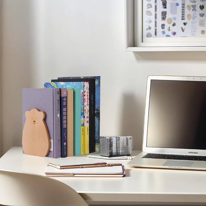 Cute Bear-Shaped Book Ends for Shelves, Detachable Design Bookends for Heavy Books, with Anti-Slip Foam Pads, an Ideal Gift for Book Fans (Pack of 2,Black Walnut Wood Bear)