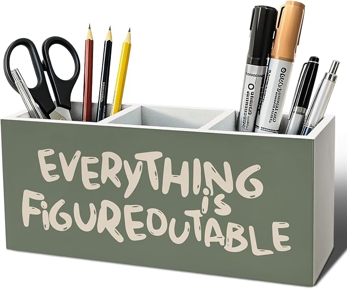 Green Inspirational Pen Pencil Holder, Everything Is Figureoutable Motivational Wood Desk Organizer and Accessories, Motivational Gifts Makeup Brush Holder Organizer for Bathroom Vanity