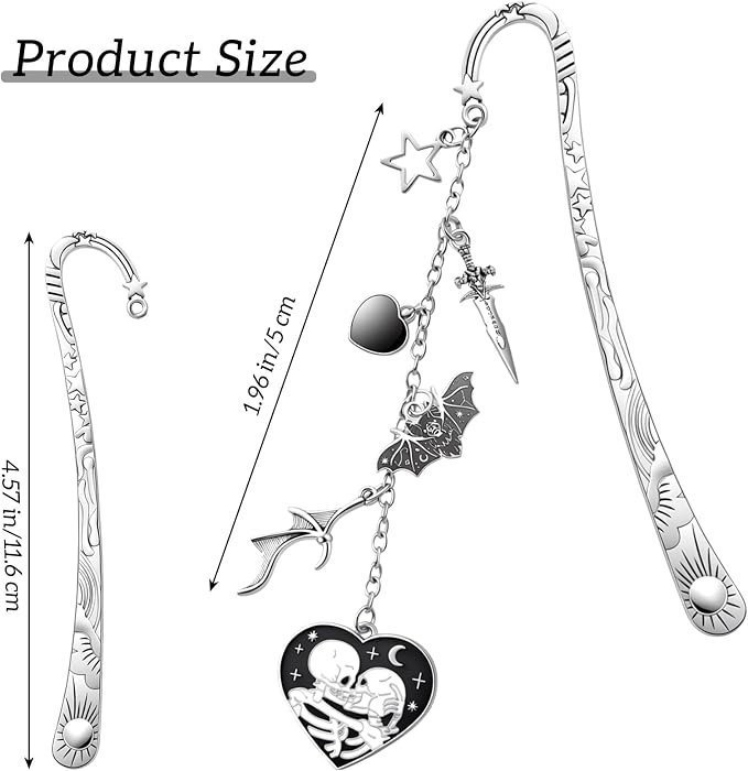 Gothic Metal Bookmark Gifts - Silver Dark Romance Bookmarks for Women Men Book Lovers Skull Sword Charm Pandent Page Marks Merch School Reading Accessories Bookish Birthday Graduation Gift