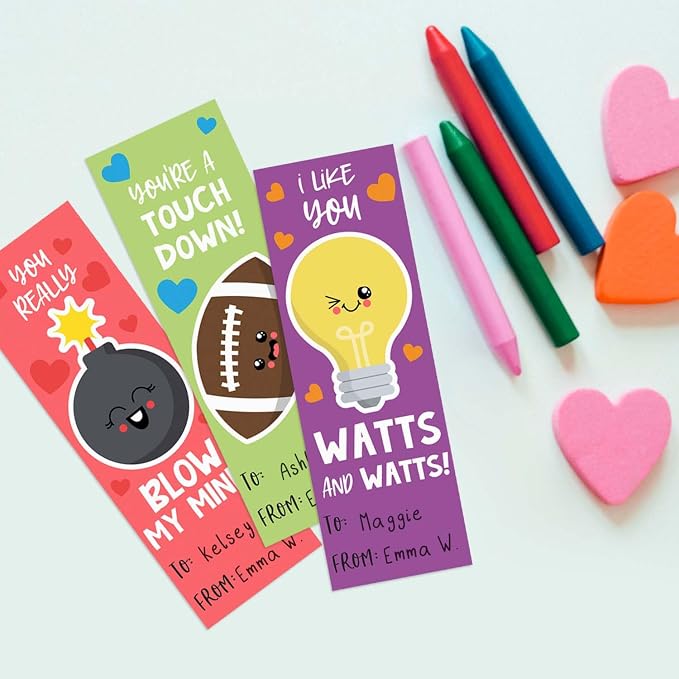 Kids Valentine's Day Bookmarks / 24 Sweet Valentine Quotemarks Bulk Pack / 2" x 6" Flat Paper Cards Set / 24 Adorable to from Motivational Valentines Bookmark Designs/Made in The USA