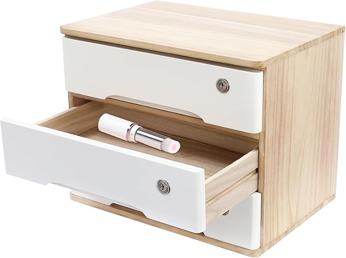 Lockable Desk Organizer Wooden Desktop Drawers Office Flat Files Storage Box Locking Countertop Storage Cabinet (Wood Color + White, 3-Tier)