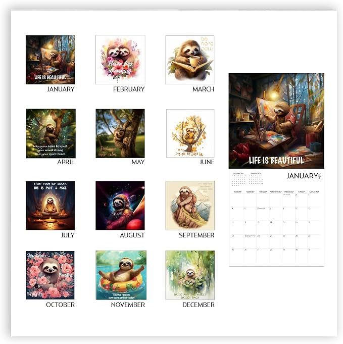 Sloth Calendar 2026, Large 12 x 12 inch Wall Calendar, Mindfulness Wall Calendar, Inspirational Sloth Gift