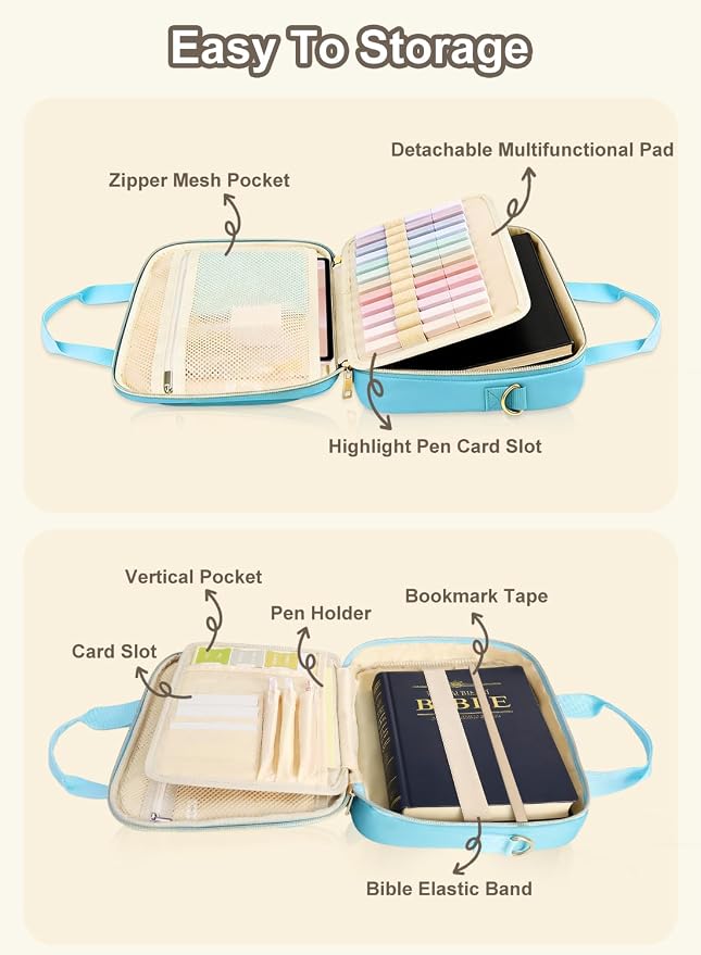 Large Bible Bag with Study Supplies, Womens Bible Cover Journaling Kit w/Highlighters Tabs, Blue Girls Bible Case, Quilted Ladies Book Travel Case w/Shoulder Strap, Christian Gifts for Teen