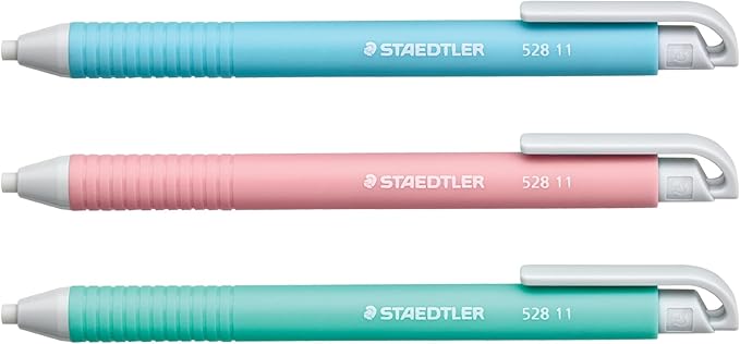 STAEDTLER Vinyl Eraser Holder (3-Pack): Retractable Erasers for Pencils, Soft Vinyl, Latex-Free, Clean Edges, No Smudges, Pastel Colors