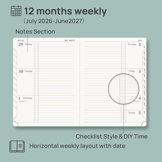 POPRUN Planner 2026-2027 (Medium 6.75"x 8.75"), Horizontal Weekly Notebook Jul.2026 - Jun.2027, Academic Appointment Book with Monthly Tabs, Leather Hardcover, 100 GSM - Navy Blue