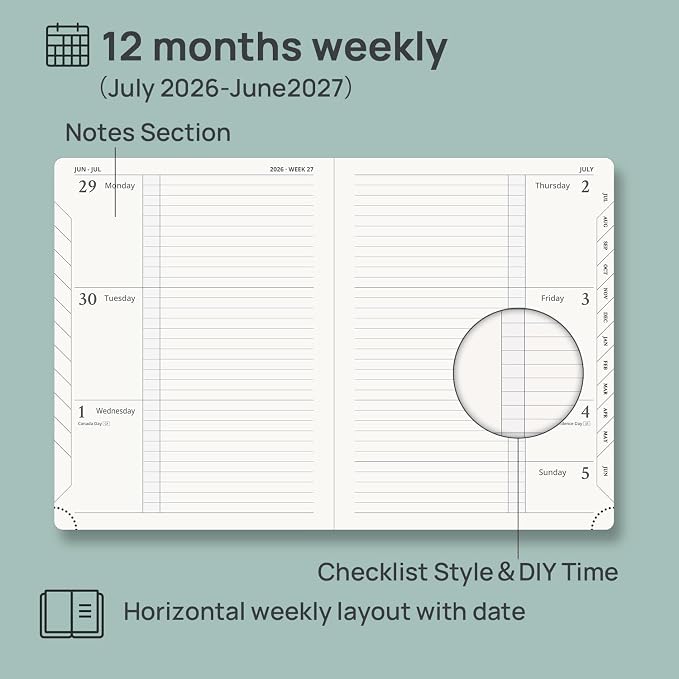 POPRUN Planner 2026-2027 (Medium 6.75"x 8.75"), Horizontal Weekly Notebook Jul.2026 - Jun.2027, Academic Appointment Book with Monthly Tabs, Leather Hardcover, 100 GSM - Pacific Green