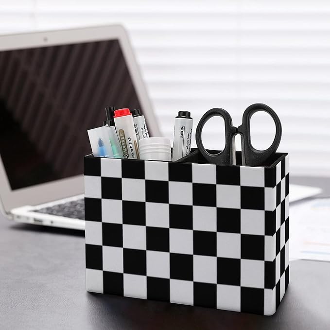 Black and white checkered pen holder storage box, with two compartments, PU leather desktop for storing pens and cups, small items organizer