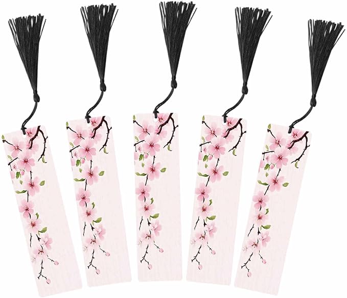 Cherry Blossom Bookmarks 5 Pcs with Tassels Pink Flowers Branch Romantic Spring Wooden Bookmarks for Reading Women Students Teacher Reader