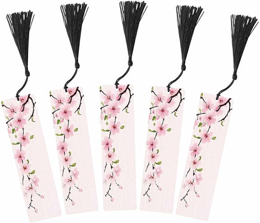 Cherry Blossom Bookmarks 5 Pcs with Tassels Pink Flowers Branch Romantic Spring Wooden Bookmarks for Reading Women Students Teacher Reader