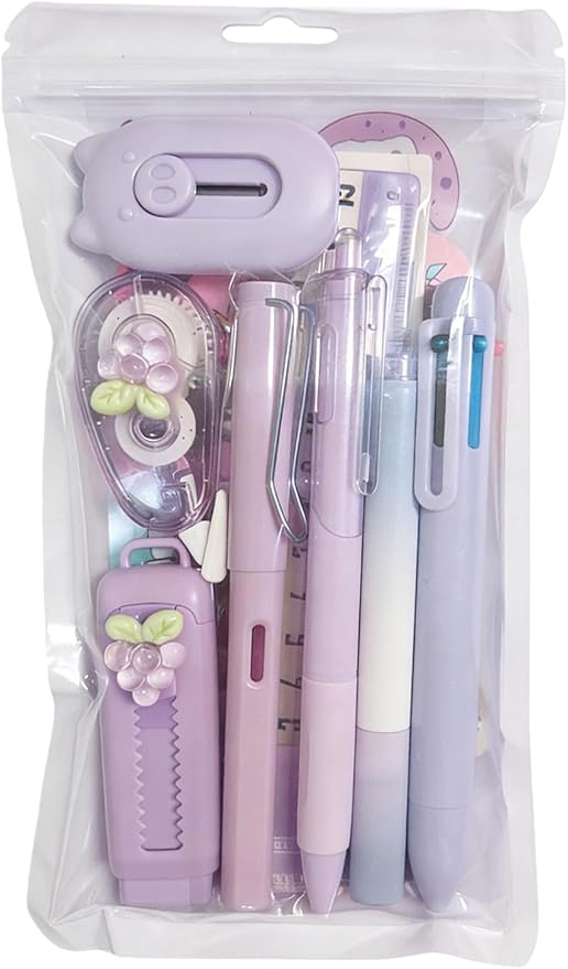 10 Pcs Cute Purple Kawaii Stationery Set - Cartoon Themed School Supplies Pack, Including Notebooks,Highlighters, Correction Tape, Ballpoint Pen. Suitable for Daily Study, Birthday and Party Favors.