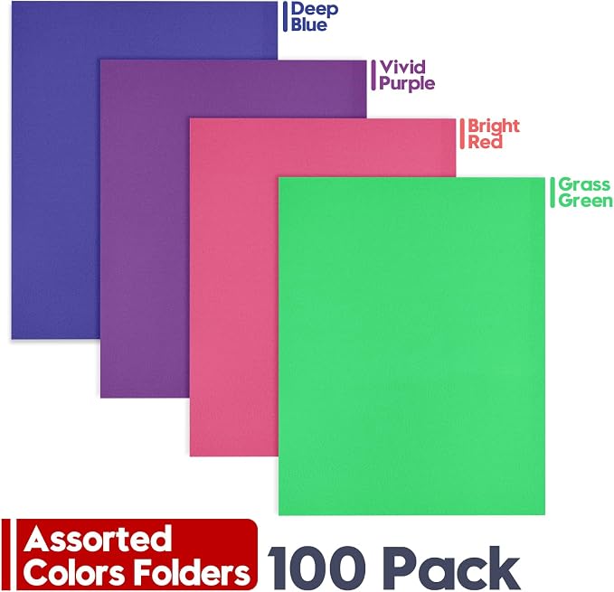 2 Pocket Folders, 100 Pack Bulk Durable Paper Letter Size File Folders with Business Card Slot for Office, Home, School and Business Use, Assorted 4 Colored