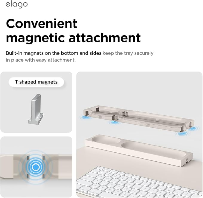 elago Smart Magnetic Desk Mat Pencil Tray – Soft Silicone Organizer for Office Supplies, AirPods, Glasses, Pens – Noise-Free, Non-Slip, Washable, Item for Desk Management [Medium-Small Set] (Stone)