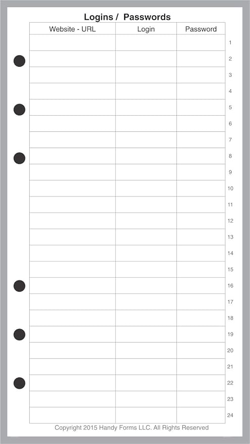 Personal Size Login Password List, Sized and Punched for Filofax Personal Notebook (3.7" x 6.75")