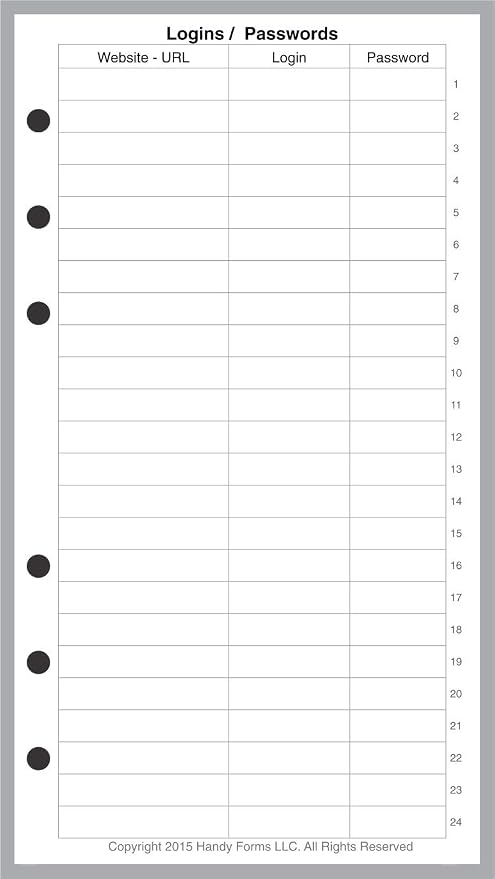 Personal Size Login Password List, Sized and Punched for Filofax Personal Notebook (3.7" x 6.75")