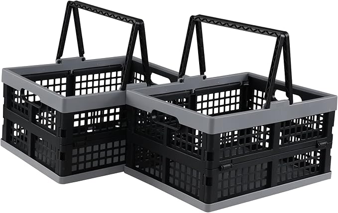Pack of 2 Collapsible Shopping Baskets, 15 Liter Folding Plastic Crate with Handles, Moving Storage Crate Small Stackable Containers Bins, Black