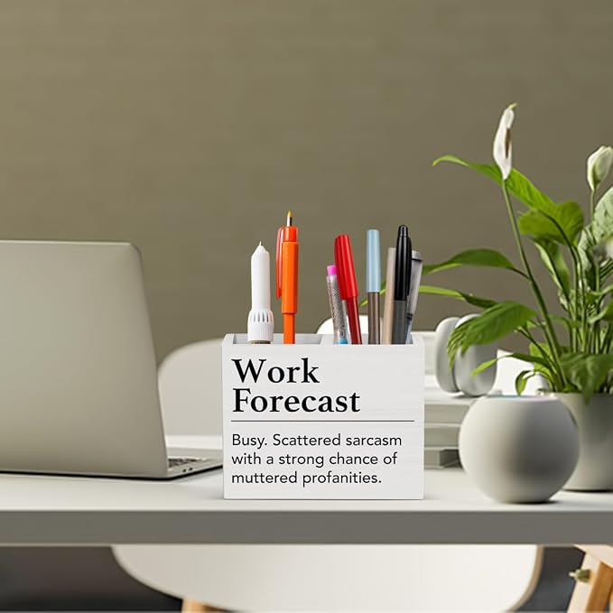 Funny Office Decor Humor Work Forecast Office Decoration Fun Desk Accessories Gifts for Women Men Coworkers Wooden Pencil Holder, Fun Gifts Desk Decor