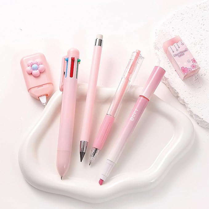 MOZXIRZ 6 Pcs Cute Pink Stationery Set for Women Back to School Supplies Office Supplies Including Gel Ink Pens 6-in-1 Ballpoint Pens Pencil Eraser (Pink)