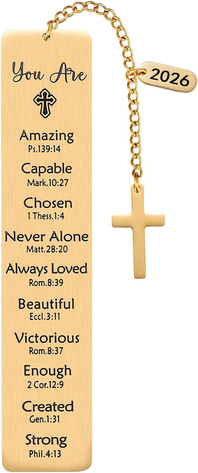 2026 Religious Bible Verses Bookmark with Cross Charm, Faith-Based Gift for Readers, Stainless Steel Christian Affirmation Book Mark, Bible Confirmation Accessories for Him Her, Gold