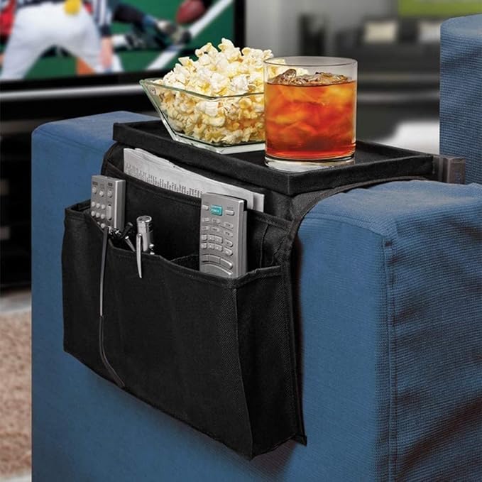 Sofa Armrest Organizer with Cup Holder No-Slip Couch Sofa Armrest Organiser Couch Remote Caddy Control Holder with 1 Large Pockets and 3 Small Pockets for Smart Phone Magazines Ipad Drinks (Black)