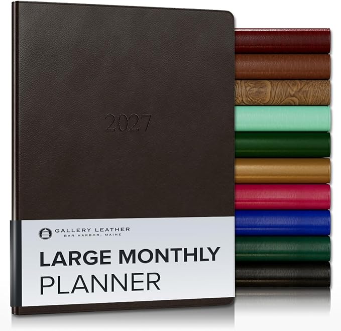 Gallery Leather Large Monthly Planner 2027, Elegantly Bound Calendar Planner and Notebook with Stylish Gold-Gilded Page Edges, 18 Months - Monhegan Cocoa - 9.75x7.5"